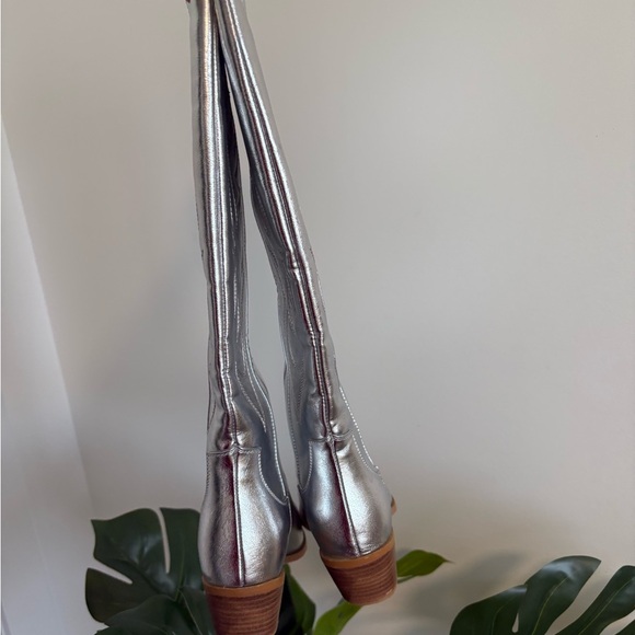 Silver Metallic Cowboy Chunky Heeled Western Embroidery Cowgirl Boots Size 7 - Picture 5 of 7